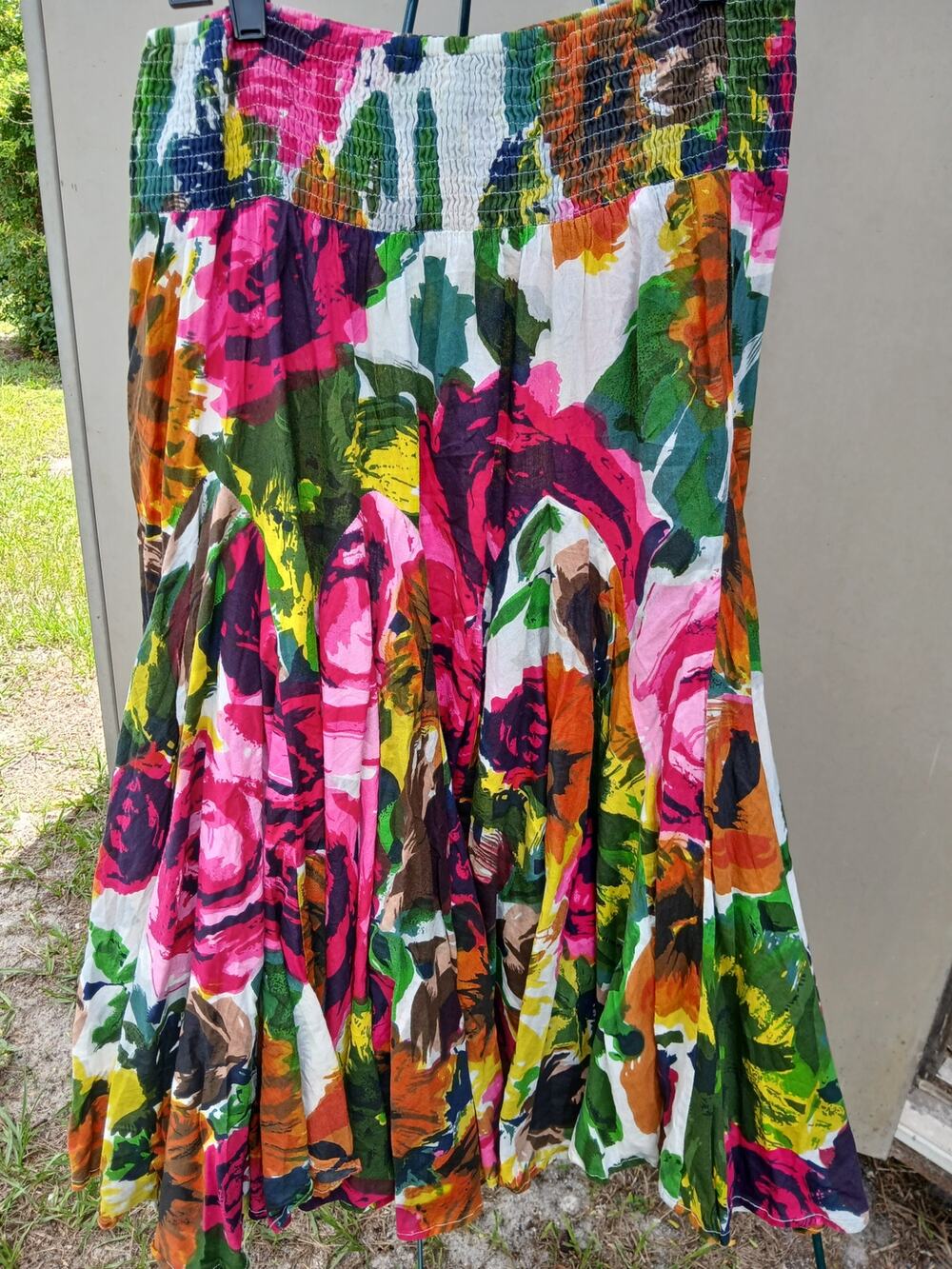Grace Elements Shirred Waist Peasant Full Op Art Floral Skirt Medium White Pink
